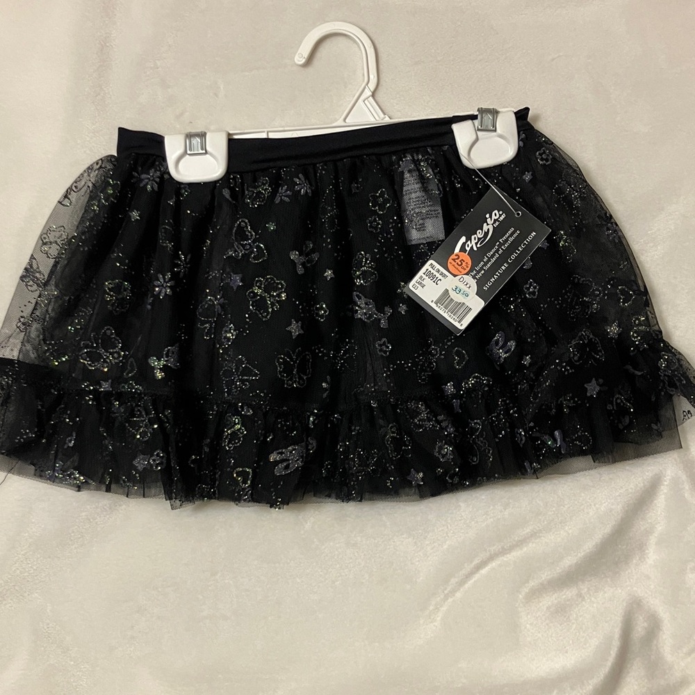 NWT Capezio Black Tuile pull on Skirt w silver sparkle butterfly/flower/star G L